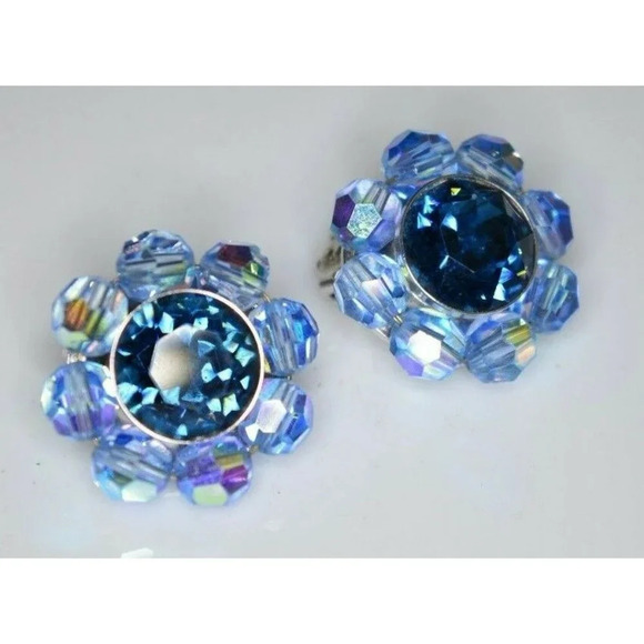 VTG CROWN TRIFARI Silver Tone Blue AB Crystal Rhinestone Clip Earrings - Picture 2 of 4